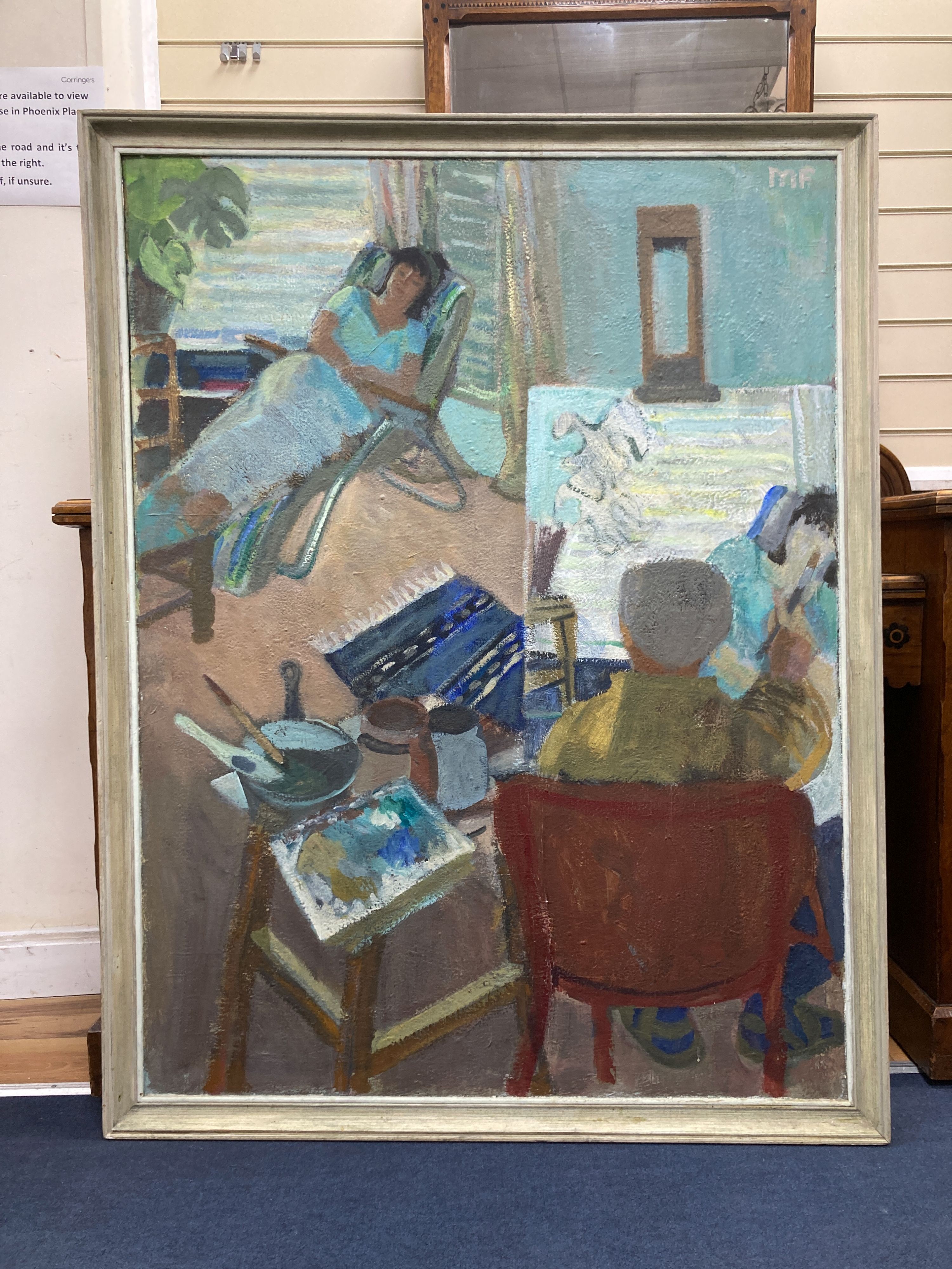 Myrta Fisher (1917-1999), oil on canvas, 'Studio Interior', signed verso, 120 x 90cm.